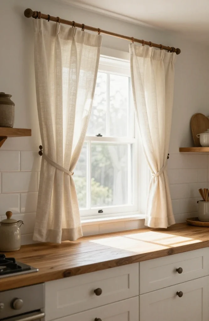 White tie-top curtains hanging on a kitchen window with natural light filtering through the sheer fabric