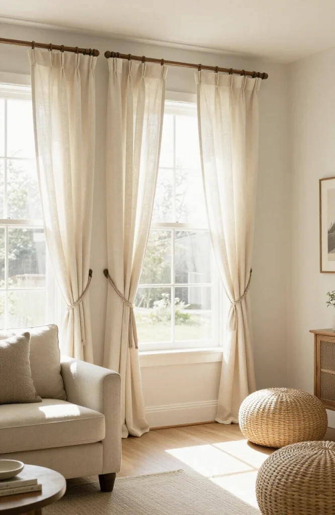 Casual tie-top curtains hanging on living room window with relaxed fabric knots at top
