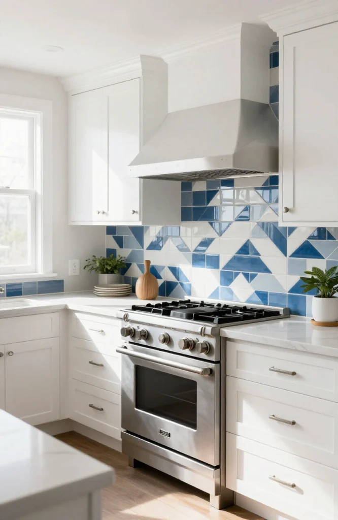 Modern kitchen with white subway tile backsplash installed behind gas stove, contrasting with plain painted walls