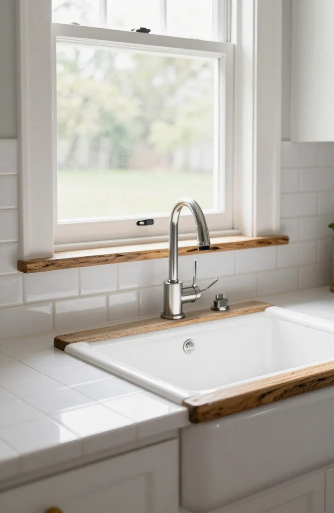 Kitchen window sill with decorative tile and wood surround framing the window opening