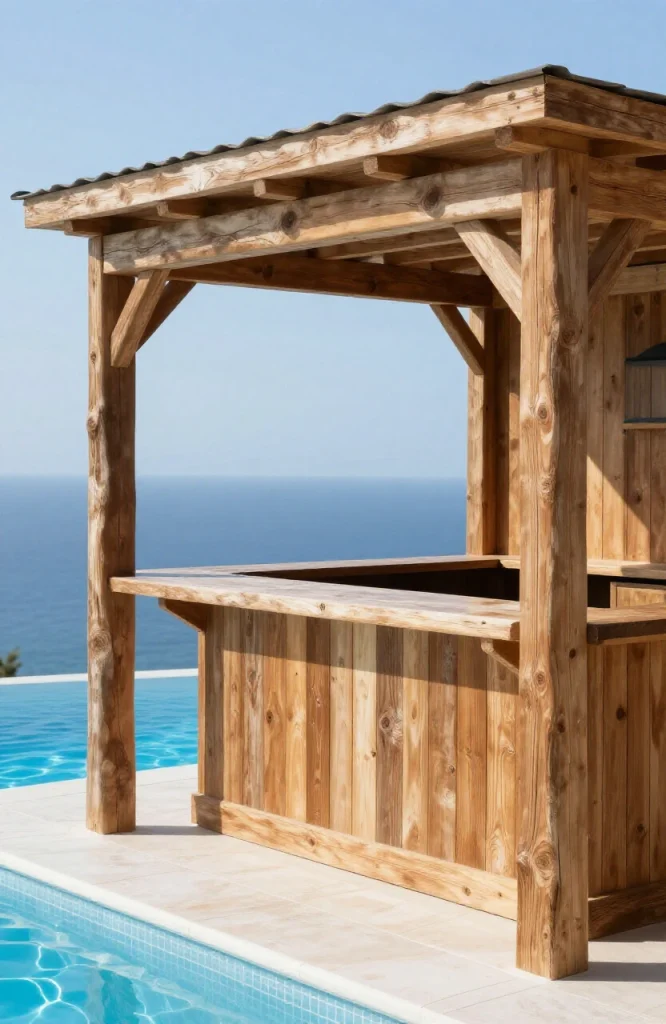 Wooden timber frame cedar bar structure with rustic design built next to residential swimming pool