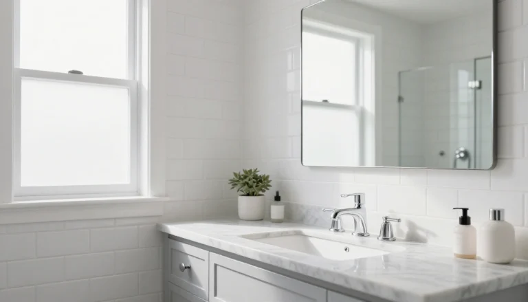 Modern bathroom with neutral tiles, classic fixtures, and minimalist storage showcasing timeless design elements