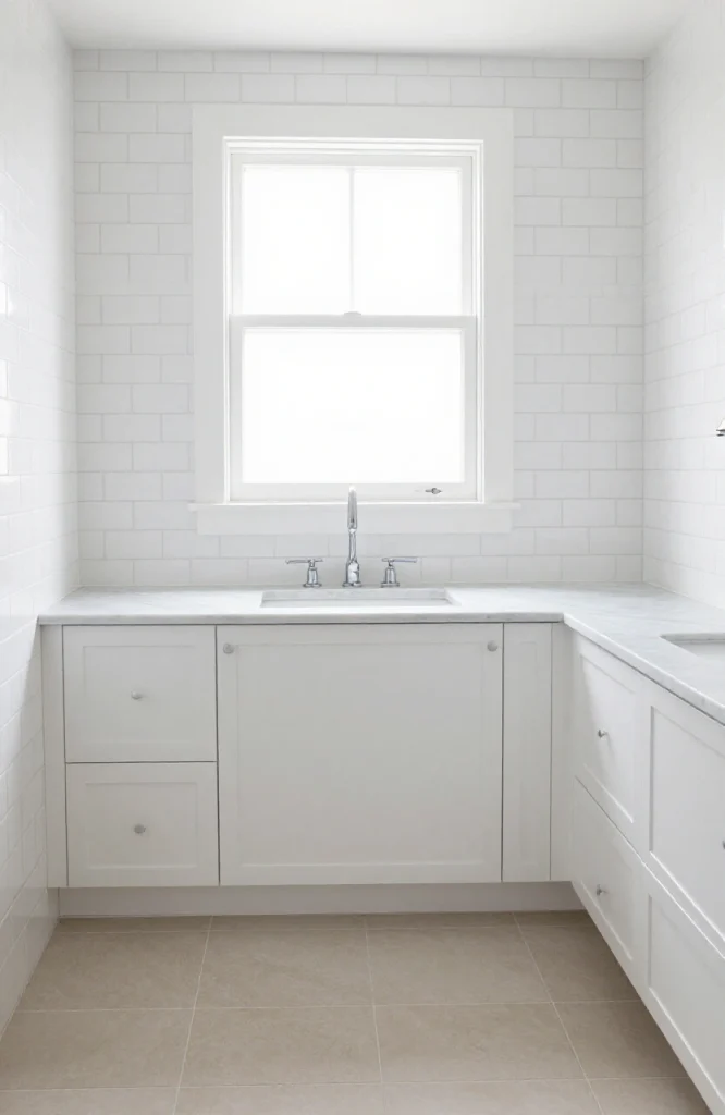 Modern bathroom with neutral tile, white vanity, and classic fixtures that avoid trend-specific design choices