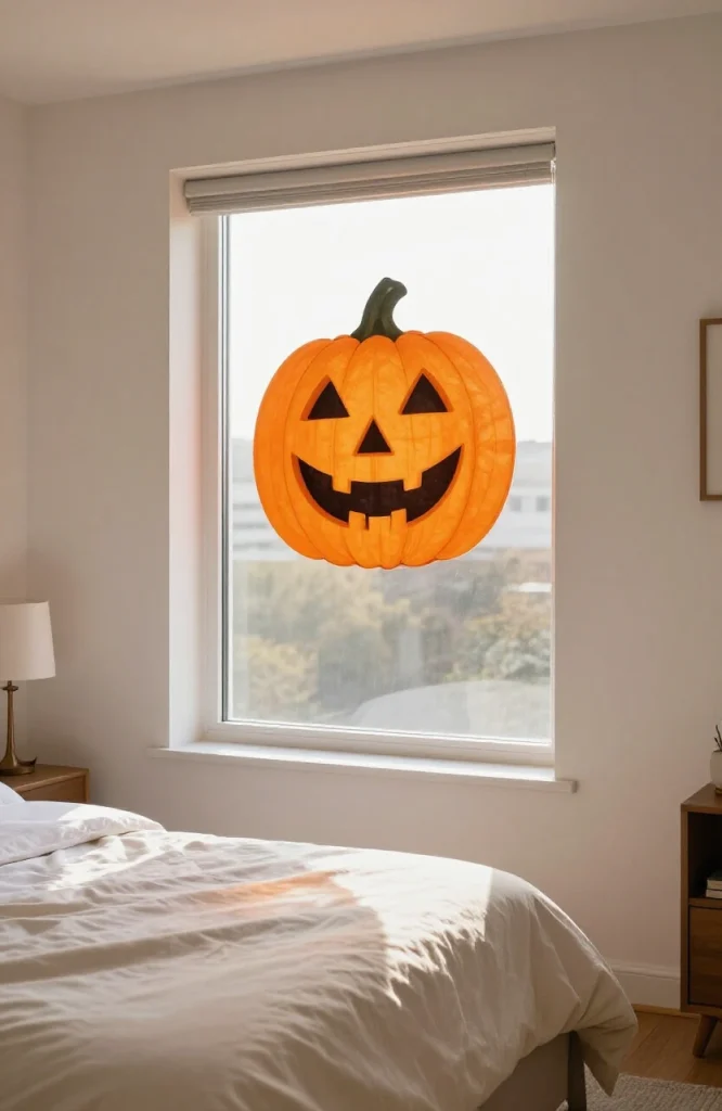 DIY jack-o'-lantern made from orange tissue paper with black paper eyes and mouth displayed in window