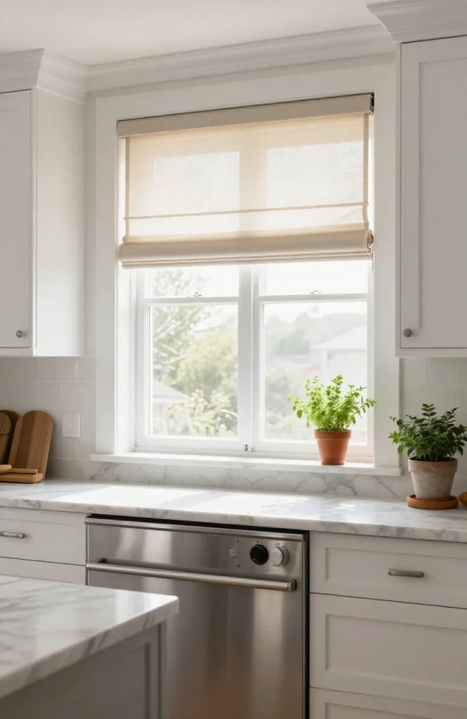 Kitchen window with top-down bottom-up cellular shades offering flexible light control and privacy options