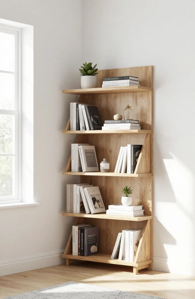 White triangular shelves installed in corner of room with books and decorative items