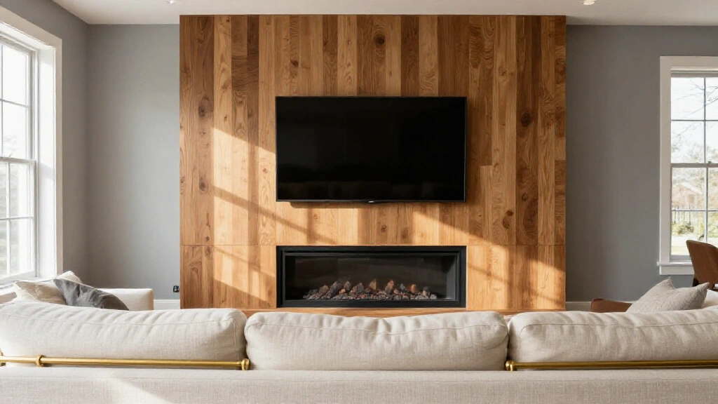 Modern living room with wall-mounted TV above fireplace with floating shelves and decorative accents
