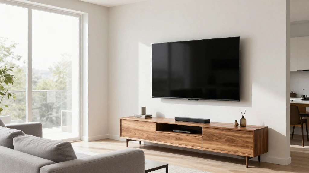 Living room TV wall showing poor design with misaligned mounting and cluttered shelving around television