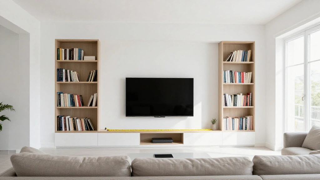 Living room TV wall layout showing measurement guidelines and proper TV sizing for wall placement