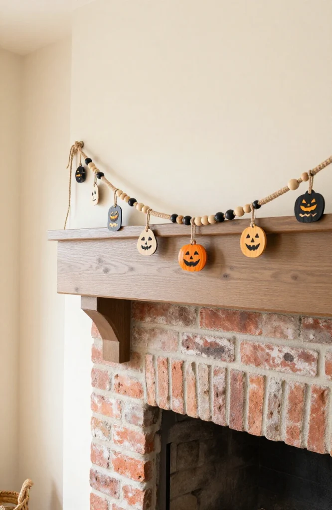 DIY garland made of natural twine and wooden beads with hanging Halloween pendant decorations on a fireplace mantel