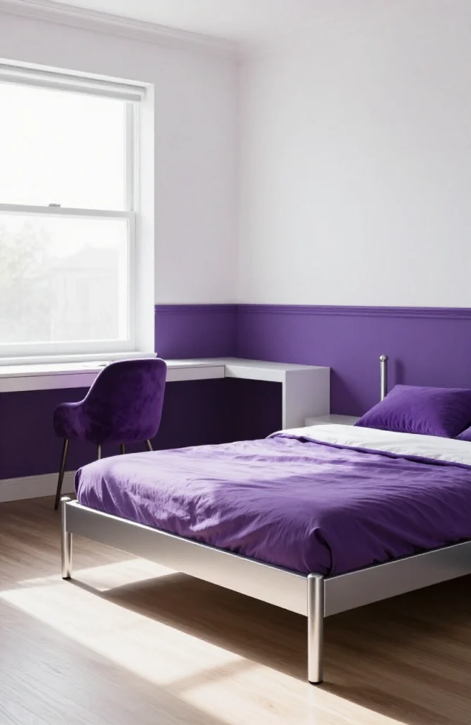 Bedroom with two-tone painted walls in contrasting colors creating Y2K aesthetic with modern furniture