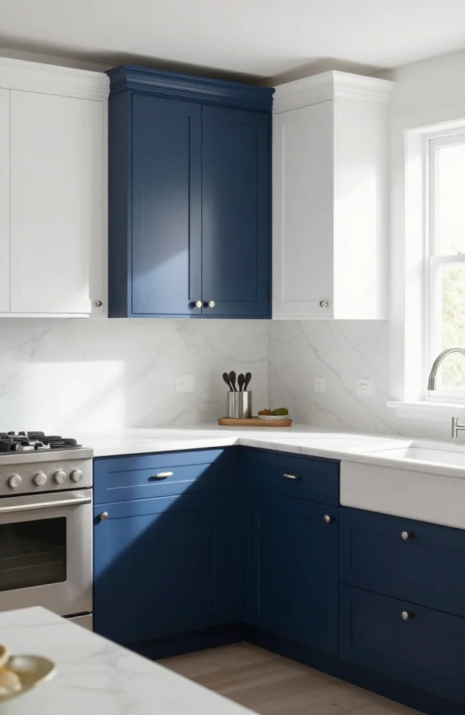 Two-tone corner sink cabinet with contrasting upper and lower finishes in modern kitchen
