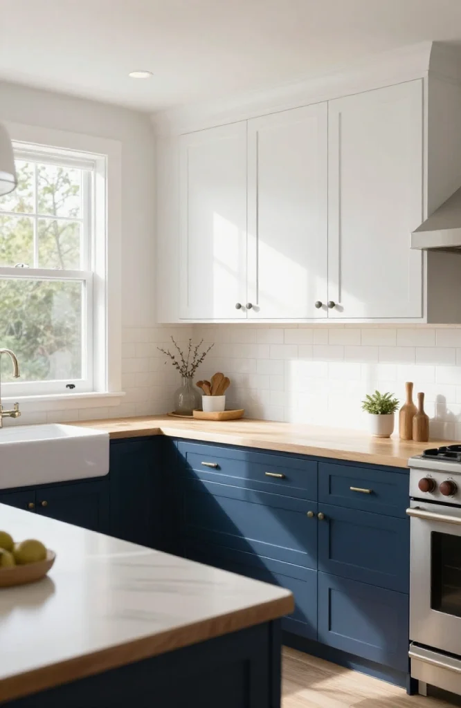 Modern kitchen with two-tone cabinets featuring white upper cabinets and natural wood lower cabinets paired with white counte