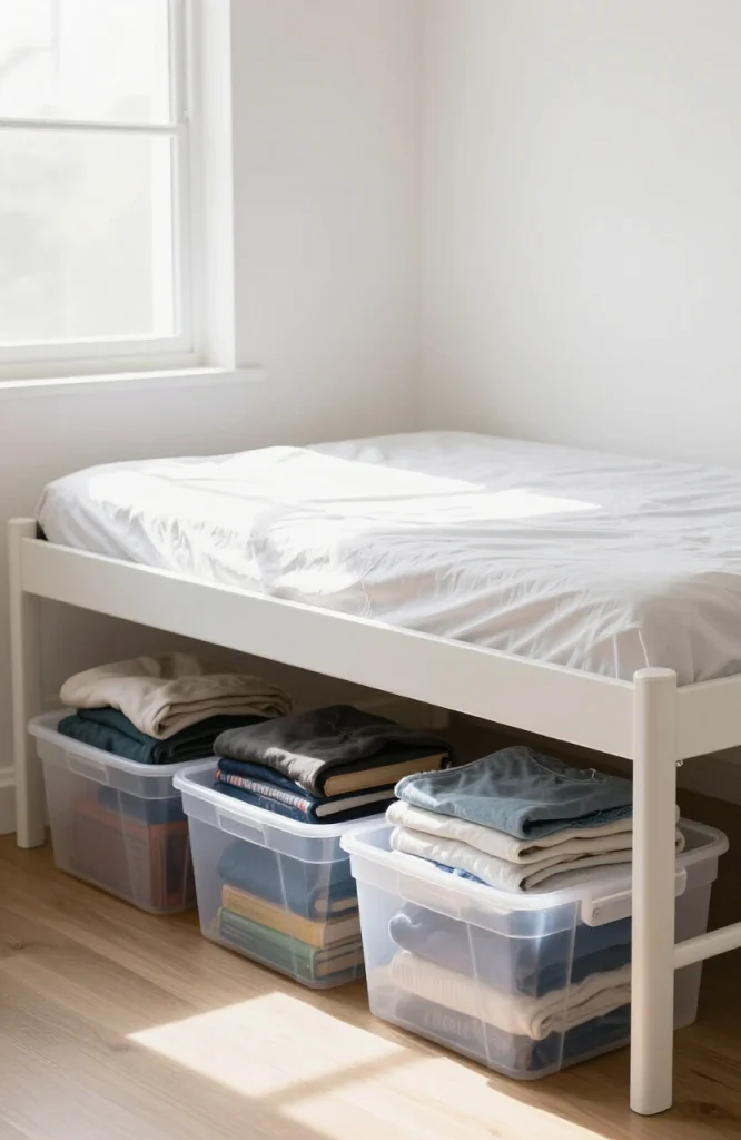 Clear plastic storage bins organized under a dorm bed with folded clothes and items visible through transparent sides