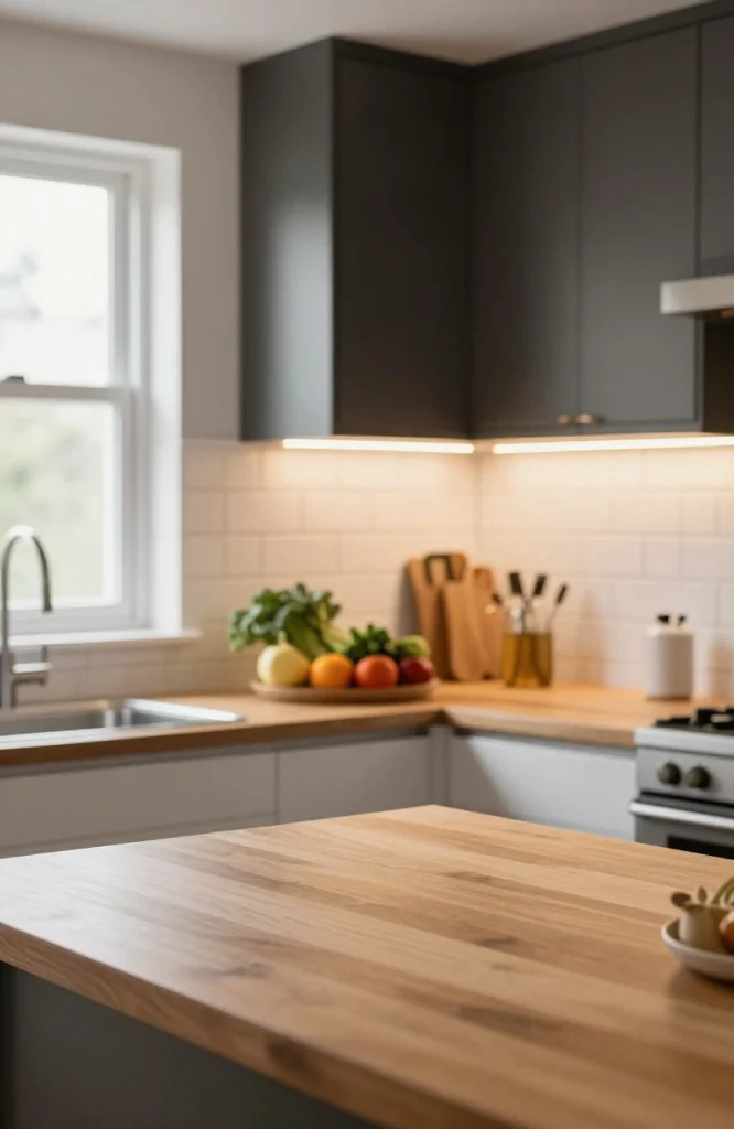 Modern kitchen with bright LED under-cabinet lighting illuminating white countertops and stainless steel appliances
