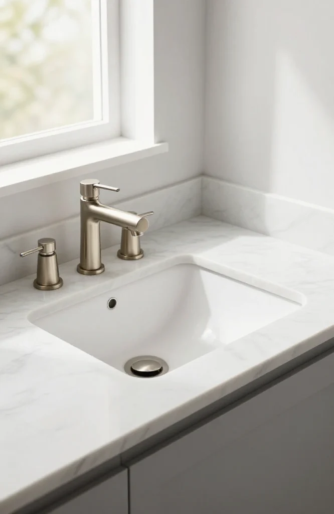Modern undermount corner bathroom sink installed in white vanity with chrome faucet and minimal clutter