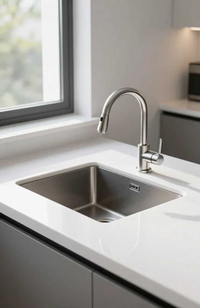 Undermount corner sink installed below quartz countertop in modern kitchen with stainless steel faucet