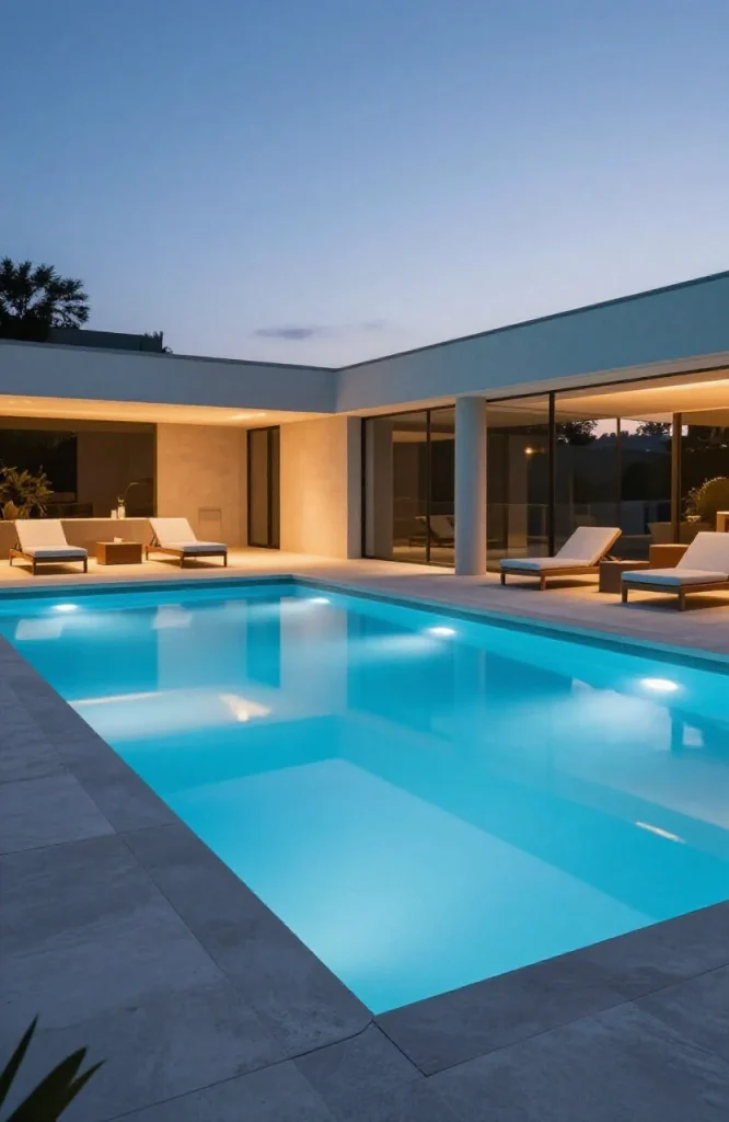 Swimming pool illuminated with blue underwater LED lights creating ambient glow around pool edges