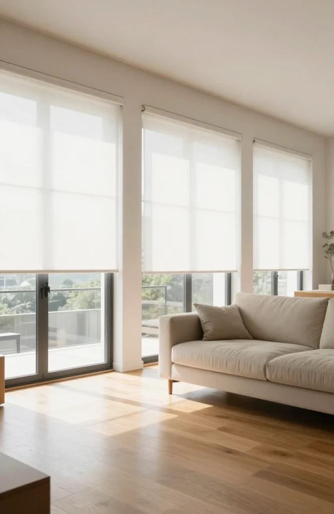 Modern open floor plan living room with matching white roller shades on multiple windows creating visual continuity