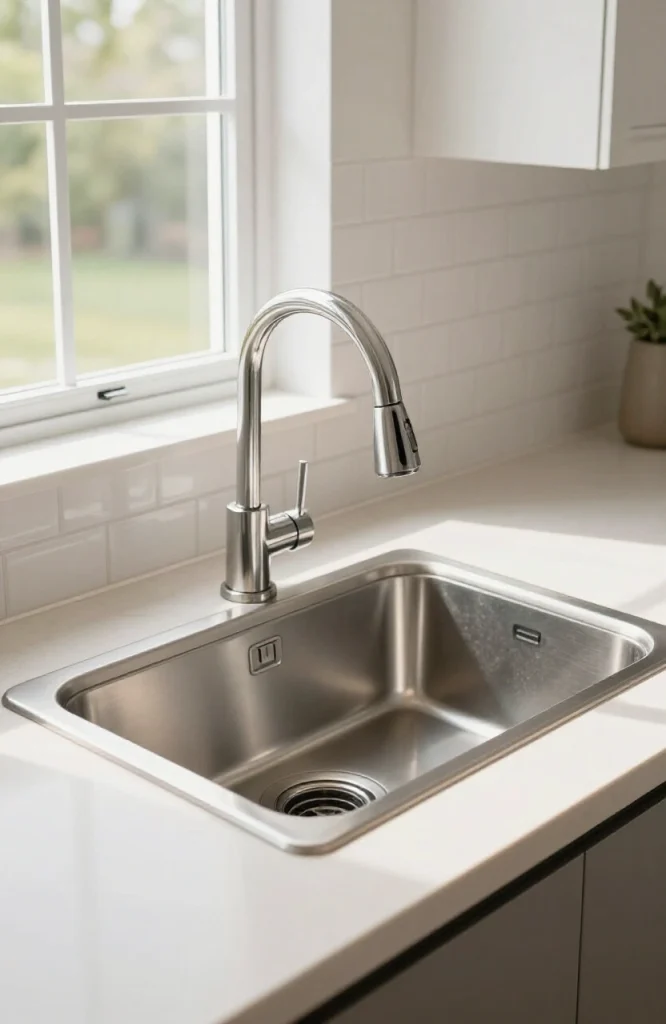 Modern kitchen sink faucet installed in existing countertop with white subway tile backsplash and stainless steel hardware
