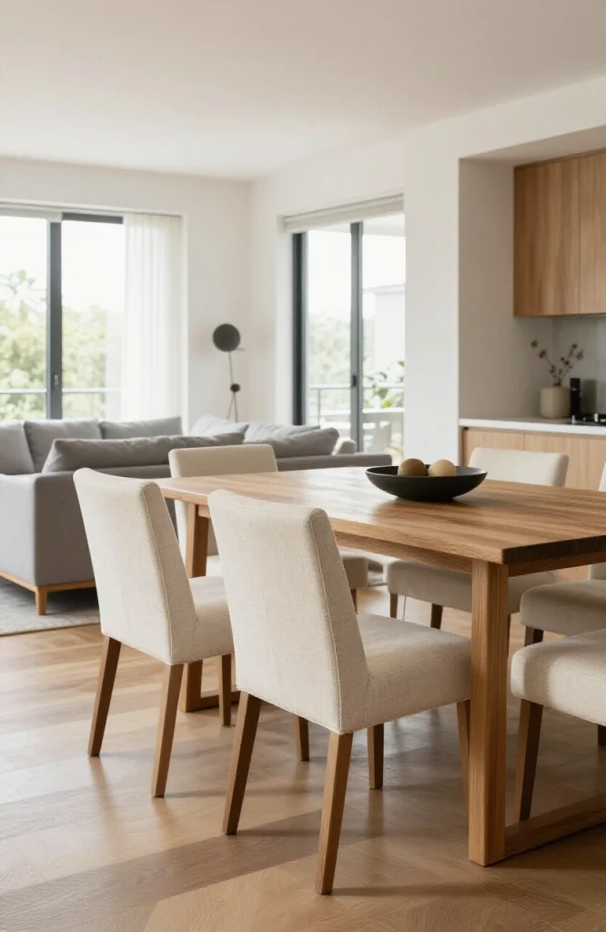 Upholstered dining chairs with soft fabric in neutral tones surrounding a wooden table in an open floor plan living space