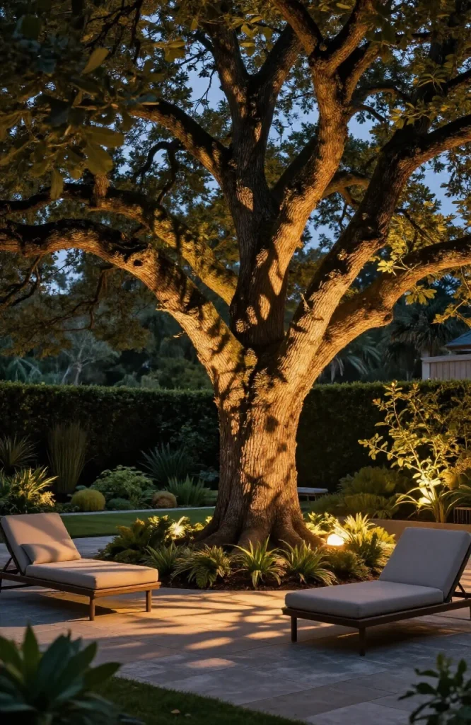 Outdoor garden uplighting illuminating a large tree trunk and foliage from below at night