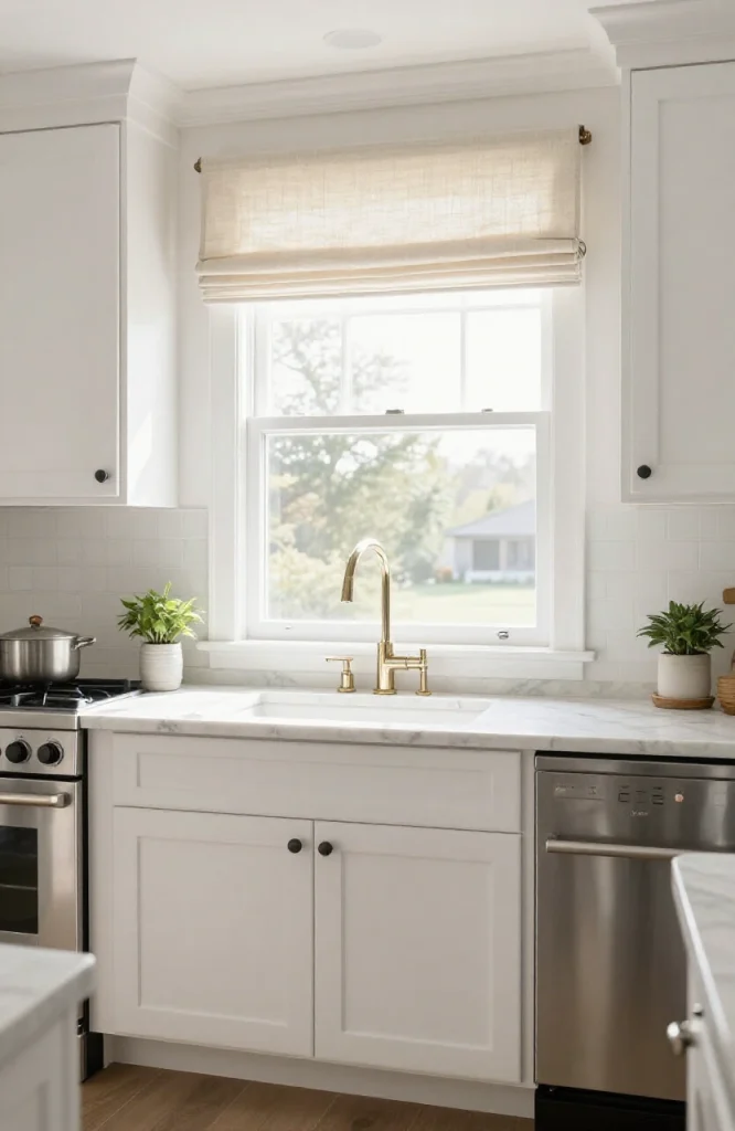 Simple white valance mounted above a kitchen window with natural light filtering through