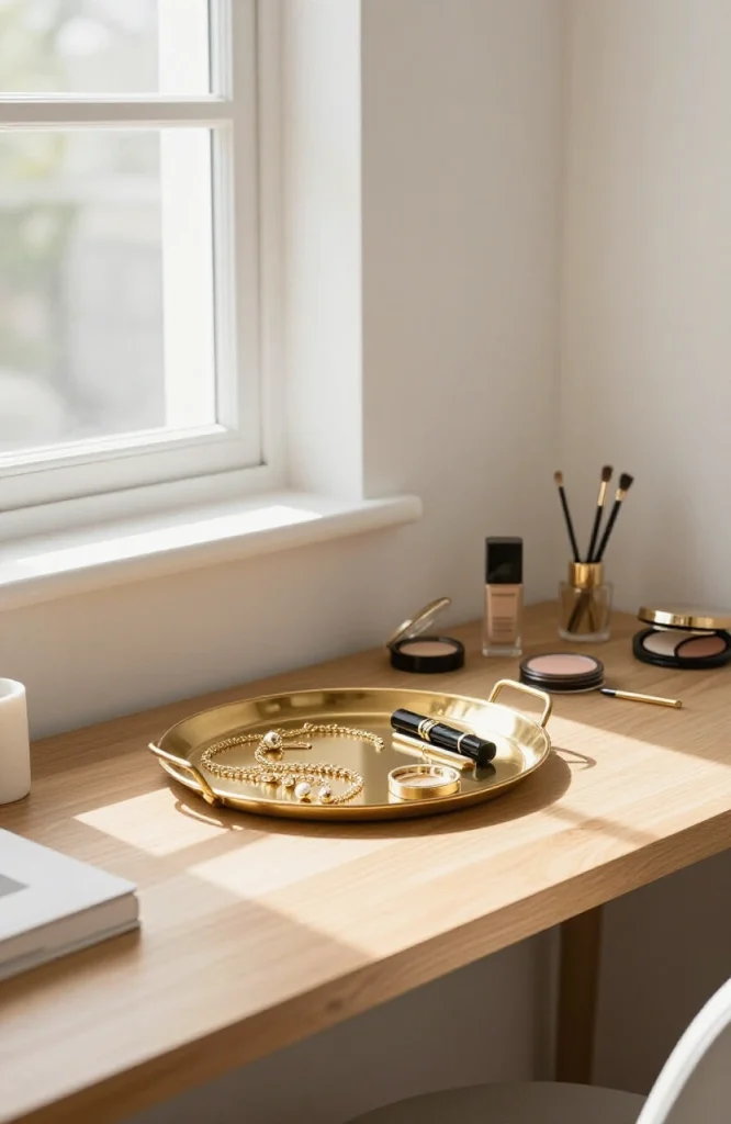 White vanity tray with cosmetics, perfume bottles, and accessories neatly arranged on small dorm room desk