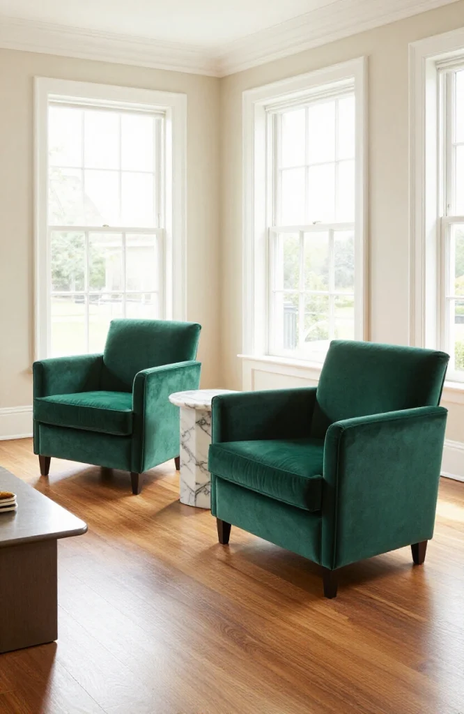 Formal living room with pair of burgundy velvet armchairs facing each other beside fireplace