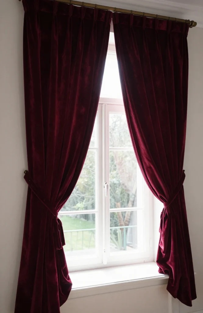 Black velvet curtain panels draped over window creating dramatic gothic Halloween decoration effect