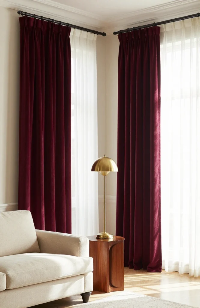 Luxurious velvet curtains in deep burgundy hanging from floor to ceiling in an elegant formal living room with traditional fu