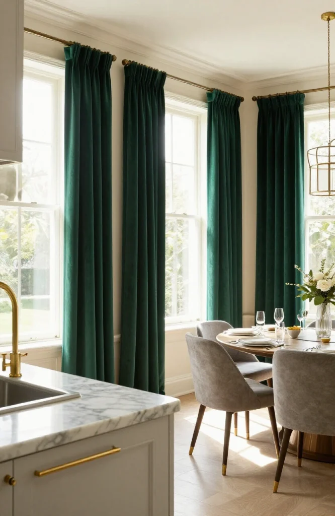 Elegant velvet curtains framing a kitchen window, showing rich fabric texture and sophisticated draping