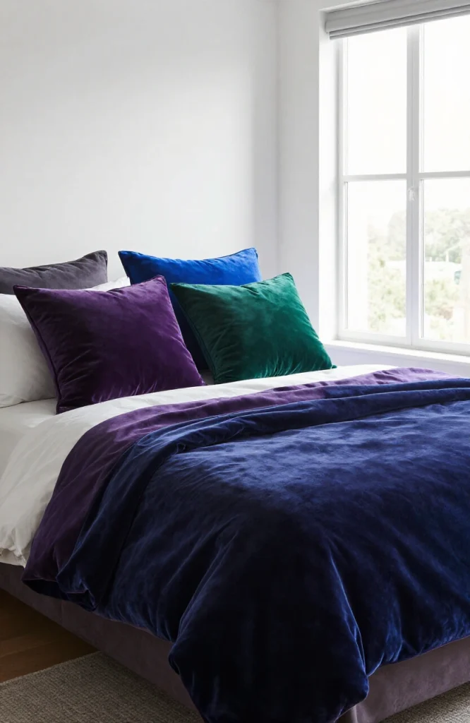 Luxurious velvet throw pillows in emerald, sapphire, and amethyst jewel tones arranged on a bed for Y2K bedroom decor
