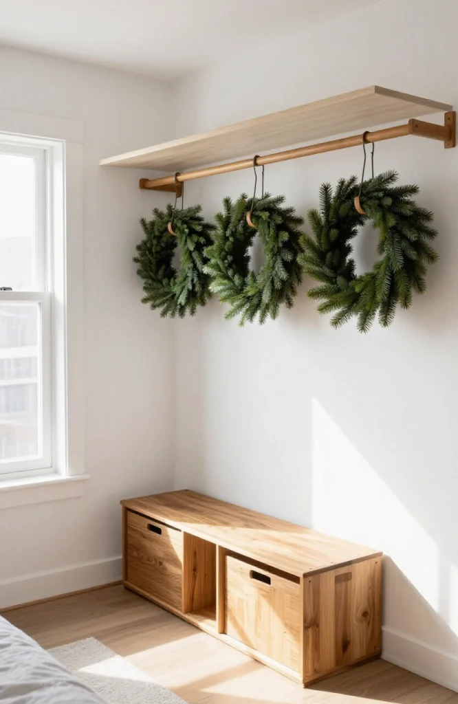 Wall-mounted storage system displaying rolled garland and wreaths stacked vertically in a small apartment closet