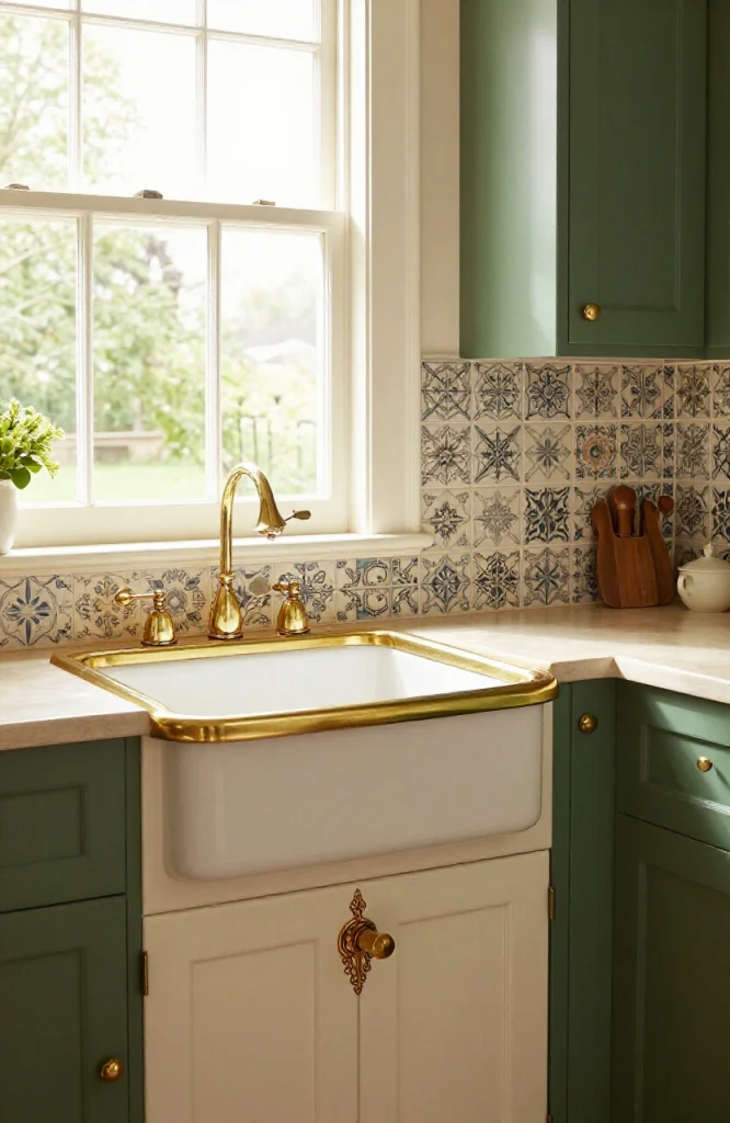 White pedestal corner sink with ornate Victorian styling and traditional brass fixtures in a classic kitchen