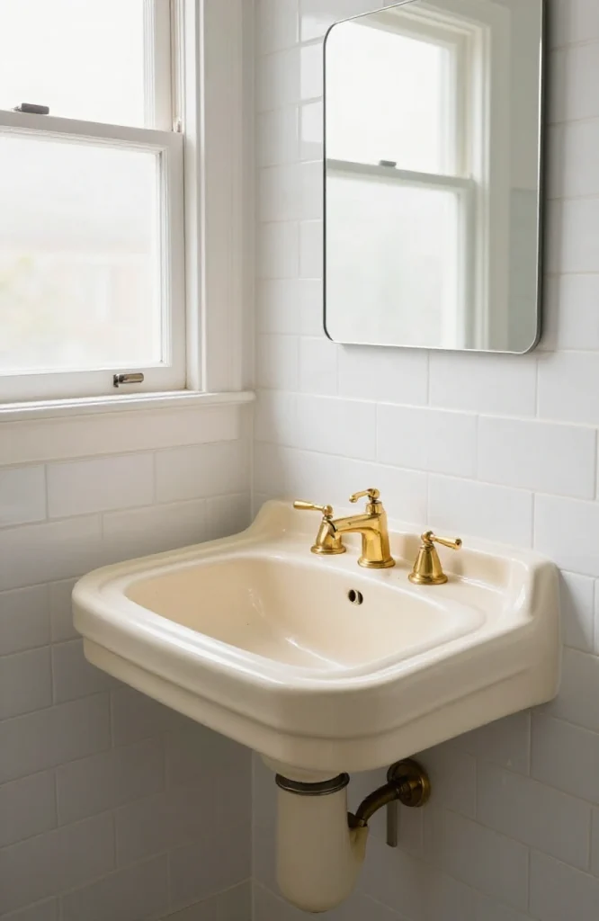 Vintage white enamel corner sink with chrome fixtures in traditional kitchen style