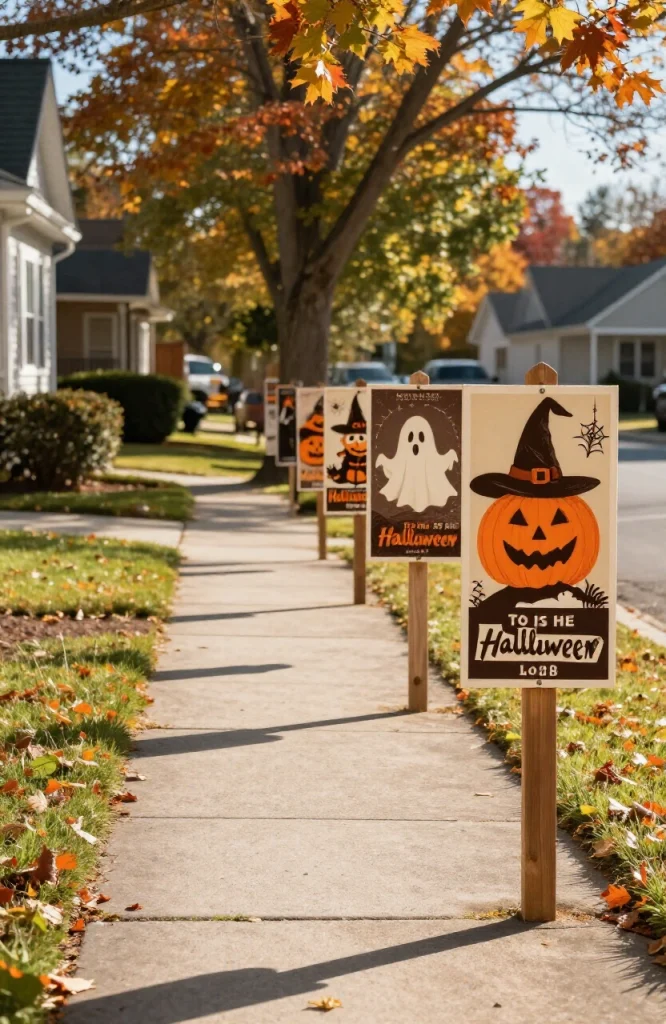 Vintage Halloween postcards displayed as outdoor yard signs along a walkway for trick-or-treat decorations