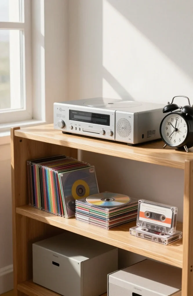 Retro electronics and gadgets arranged as decorative display pieces in Y2K themed bedroom with nostalgic 2000s aesthetic