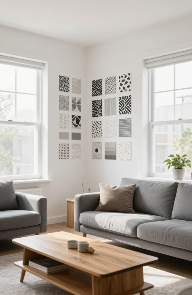 Various wall decoration techniques displayed including wallpaper, wooden panels, fabric, shelving, and artwork arrangements