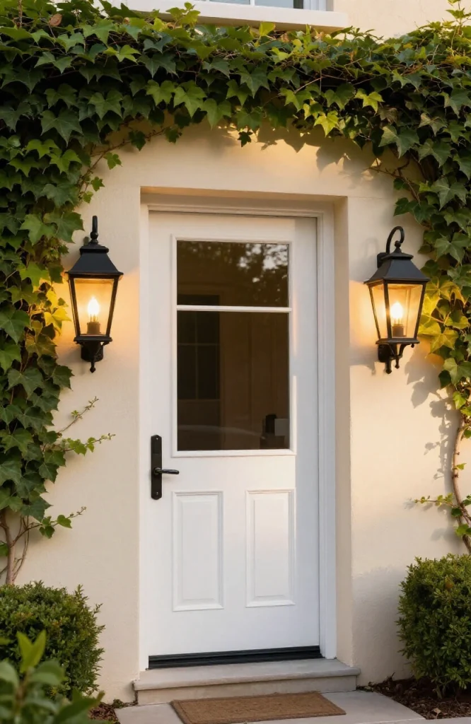 Symmetrical wall lanterns flanking a garden entrance gate at dusk, creating welcoming ambient lighting