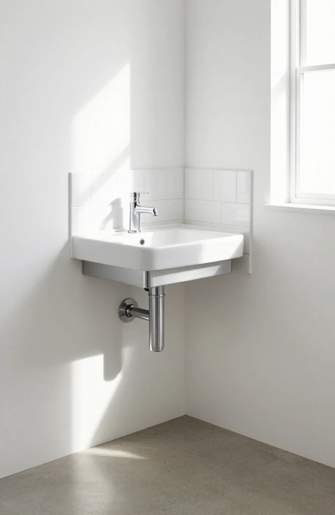 Wall-mounted corner sink with chrome faucet in compact bathroom space