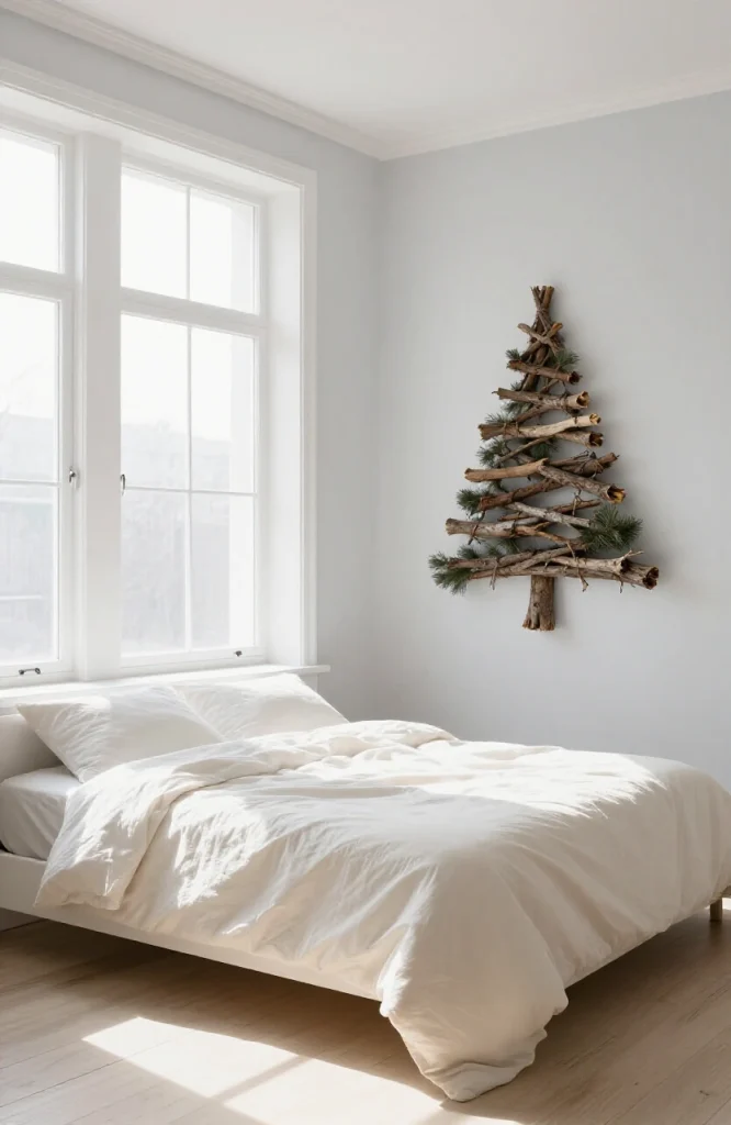 Minimalist wall-mounted Christmas tree made from natural twigs arranged in triangular shape on white wall