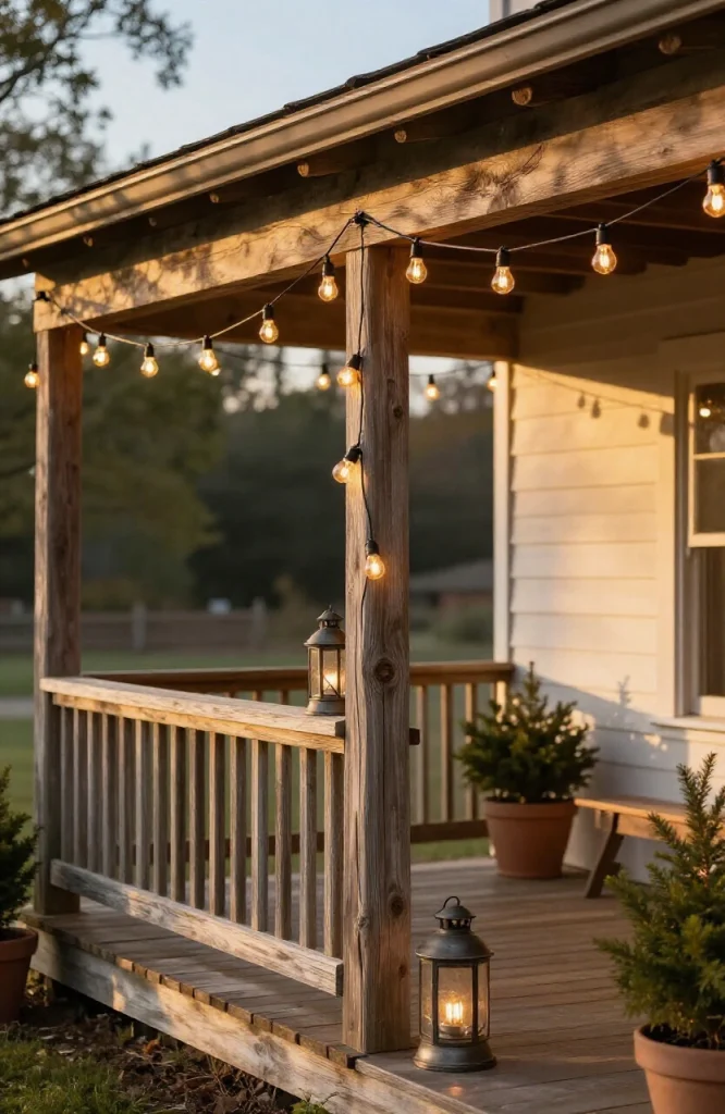 Outdoor home decorated with warm vintage Edison bulb string lights creating a cozy holiday glow
