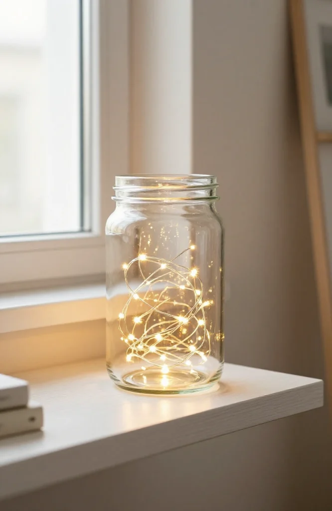 Warm white fairy lights glowing inside a clear glass jar for simple minimalist Christmas decoration