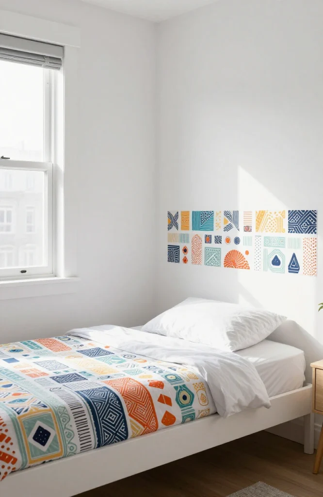 Colorful washi tape arranged in geometric patterns on dorm room wall above desk area