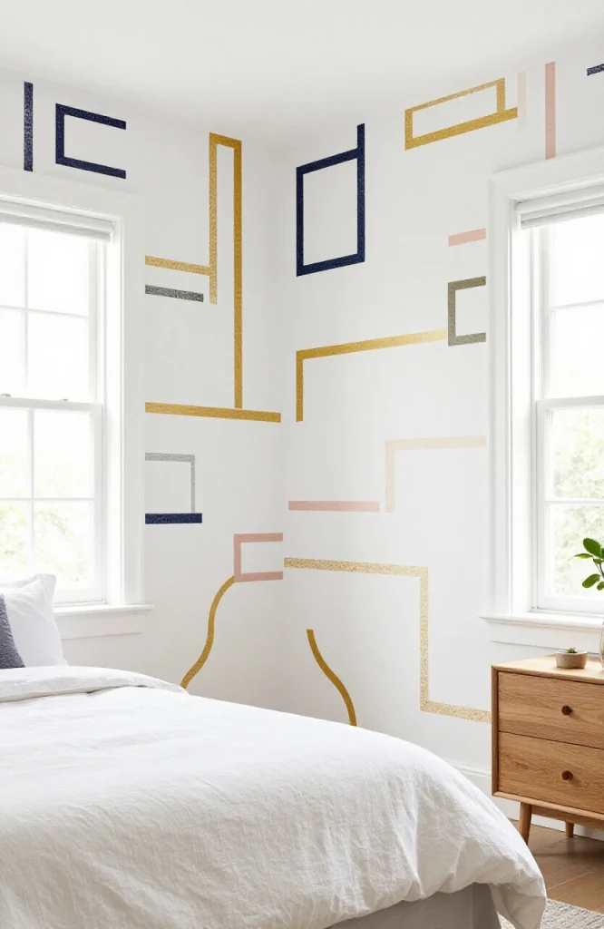 Geometric washi tape patterns creating colorful designs on white wall without paint
