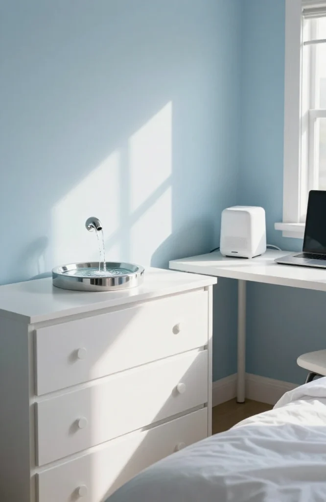 Waterfall sound machine device with water feature creating ambient sounds in a 2000s style bedroom