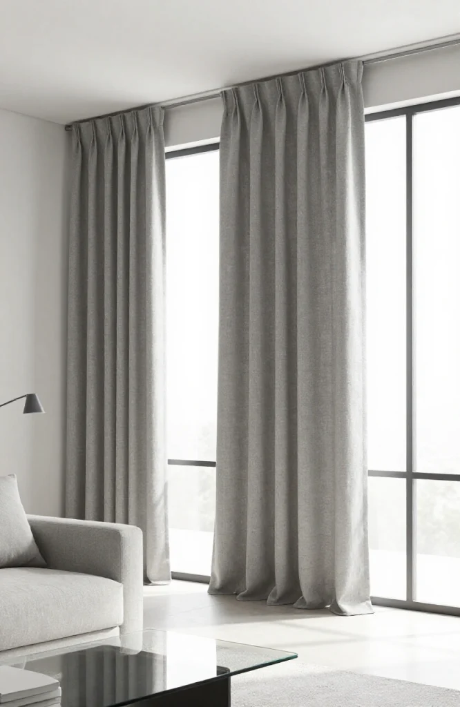 Modern living room with wave fold curtains in neutral tone creating smooth, elegant drapes on large window