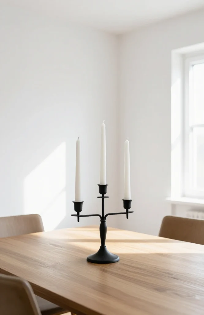 White candles arranged in a black metal candelabra on a dark surface for minimalist Halloween decoration