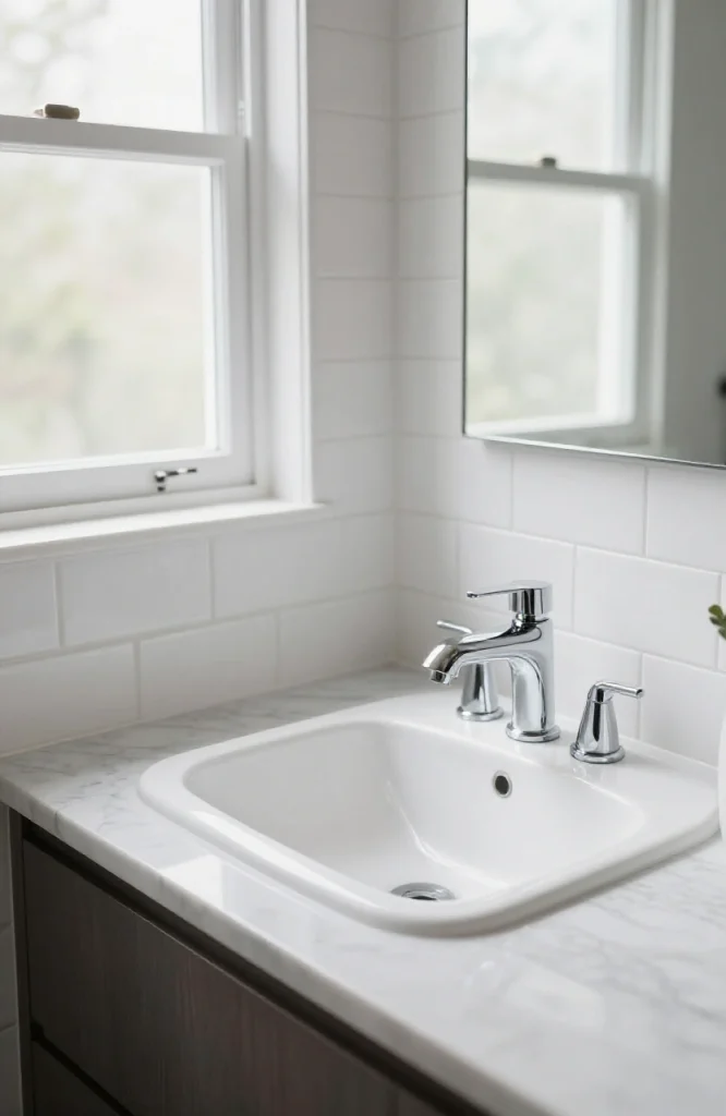 White ceramic corner bathroom sink installed in corner with white cabinetry